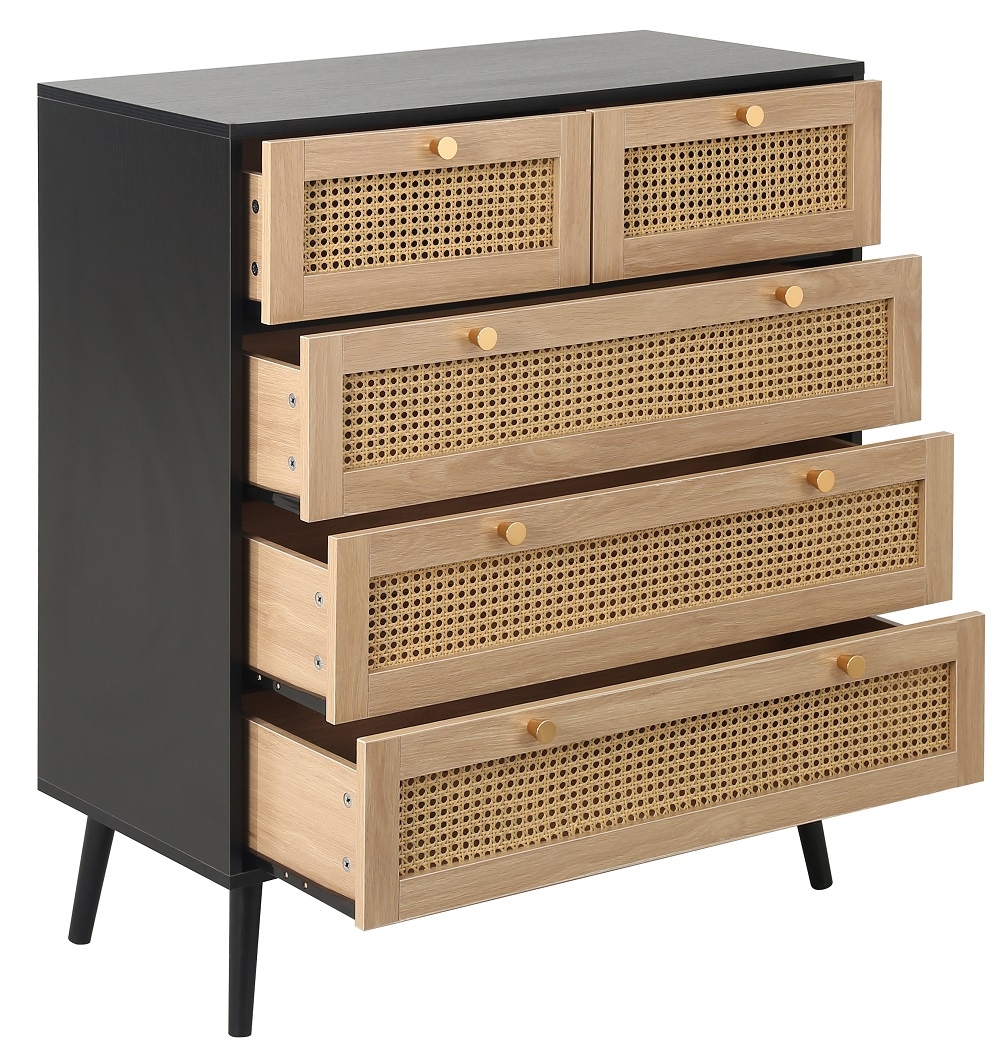 Product photograph of Birlea Croxley Oak And Black 5 Drawer Rattan Chest from Choice Furniture Superstore.